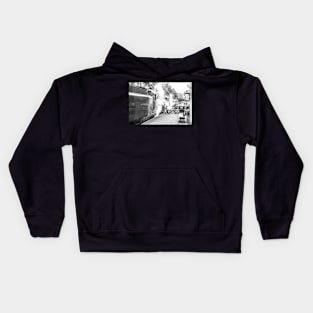 Vintage steam locomotive at the railway station Kids Hoodie